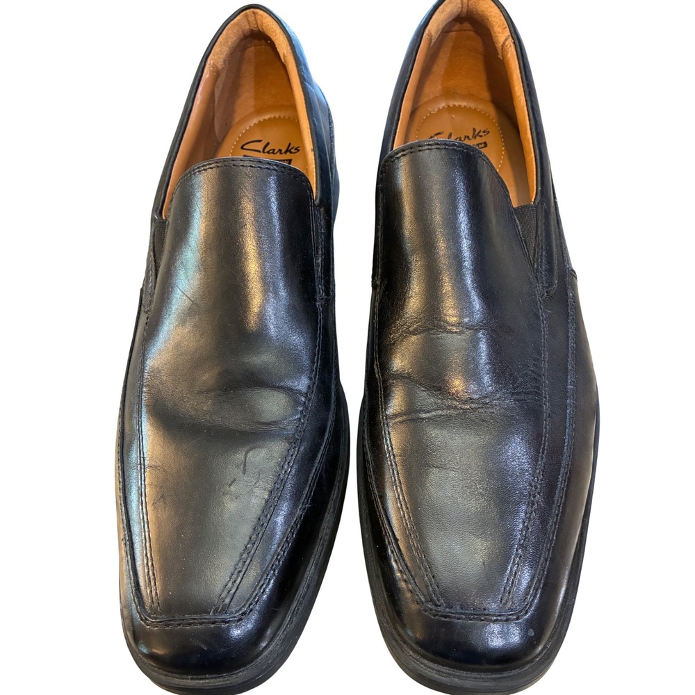 Clarks Loafers Mens 10 Wide Black Excellent Leather Slip On Square Toe Shoes